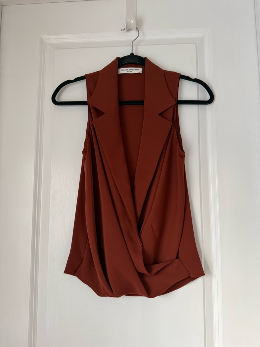 Amanda Uprichard Rust Red Draped V-Neck Sleeveless Top